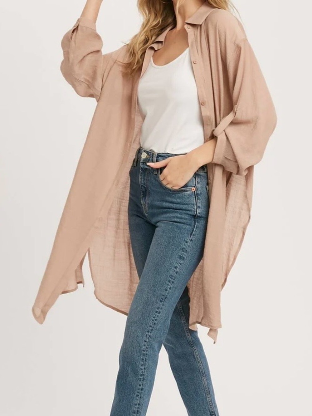 BluIvy Longline Vented Button Up Shirt in Latte Oversized Small Medium PTP 23”